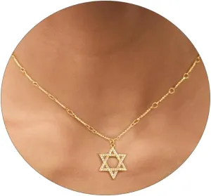 Kyerlyn Dainty Gold Necklaces for Women Hollow Heart Necklace 14K Gold/Silver Plated David Star Lover Pendant Sun Tag Necklace Women Jewelry Gift