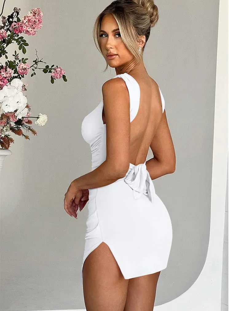 LAGSHIAN Women's Sexy Bodycon Backless Waist Back Tie Sleeveless Square Neck Split Hem Summer Ruched Mini Dress