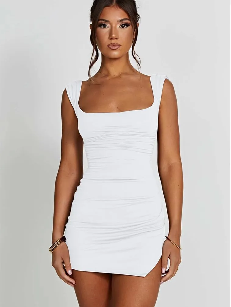 LAGSHIAN Women's Sexy Bodycon Backless Waist Back Tie Sleeveless Square Neck Split Hem Summer Ruched Mini Dress