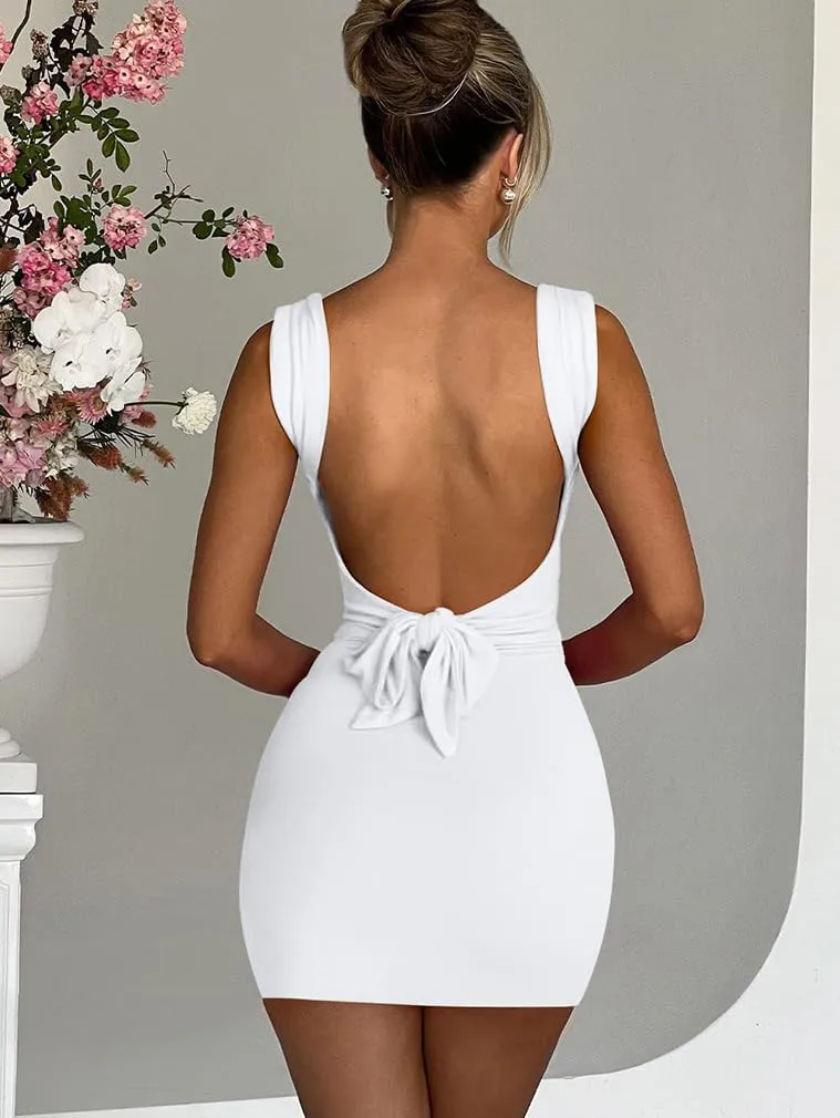 LAGSHIAN Women's Sexy Bodycon Backless Waist Back Tie Sleeveless Square Neck Split Hem Summer Ruched Mini Dress