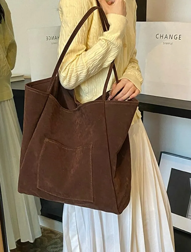 Large Suede Tote Bag for Women Retro Slouchy Shoulder Bag Brown Suede Purse Satchel Bag Work College Handbag Winter