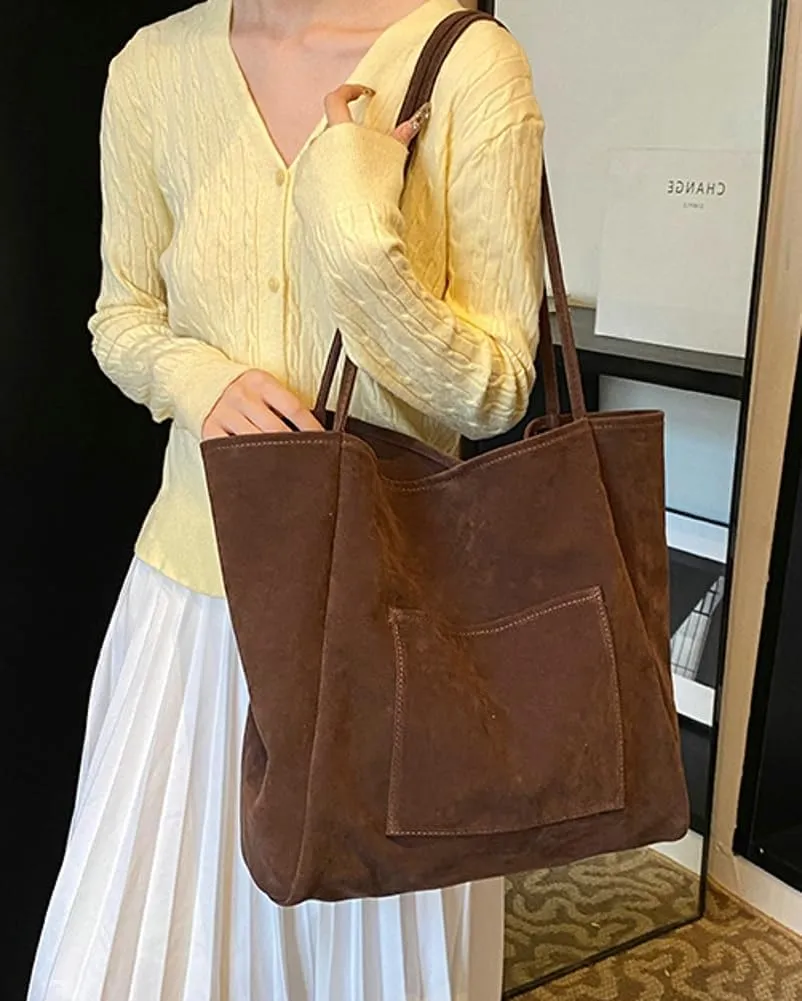 Large Suede Tote Bag for Women Retro Slouchy Shoulder Bag Brown Suede Purse Satchel Bag Work College Handbag Winter