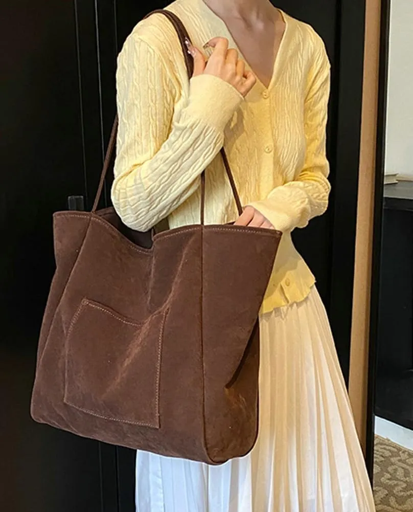 Large Suede Tote Bag for Women Retro Slouchy Shoulder Bag Brown Suede Purse Satchel Bag Work College Handbag Winter