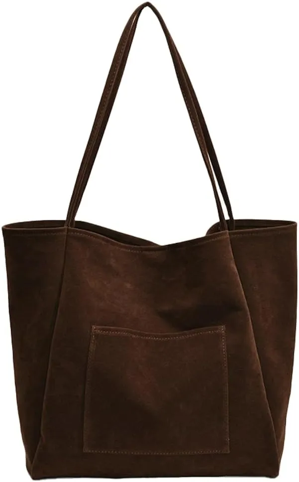 Large Suede Tote Bag for Women Retro Slouchy Shoulder Bag Brown Suede Purse Satchel Bag Work College Handbag Winter