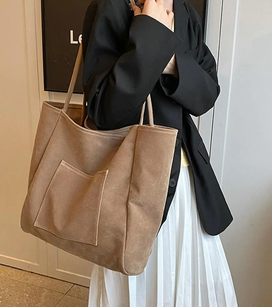 Large Suede Tote Bag for Women Retro Slouchy Shoulder Bag Brown Suede Purse Satchel Bag Work College Handbag Winter