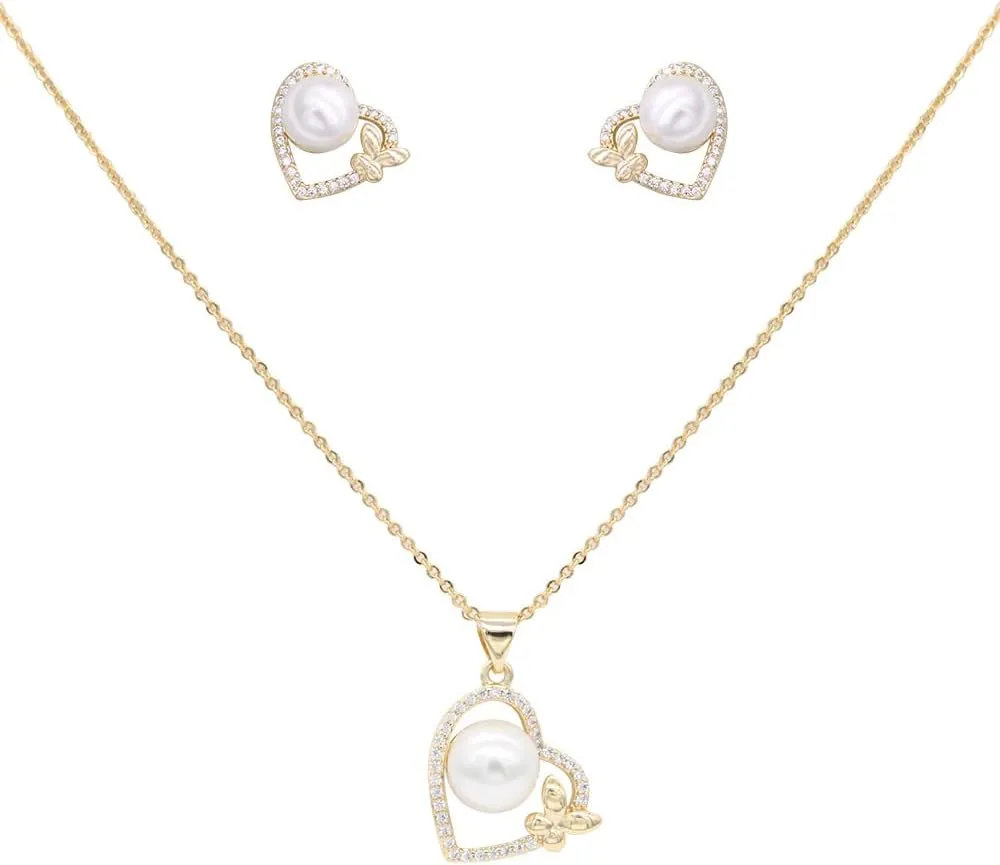 Lavencious CZ and Pearl Heart and Butterfly Shape Pendant Necklace and Cluster Earrings Jewelry Set for Women