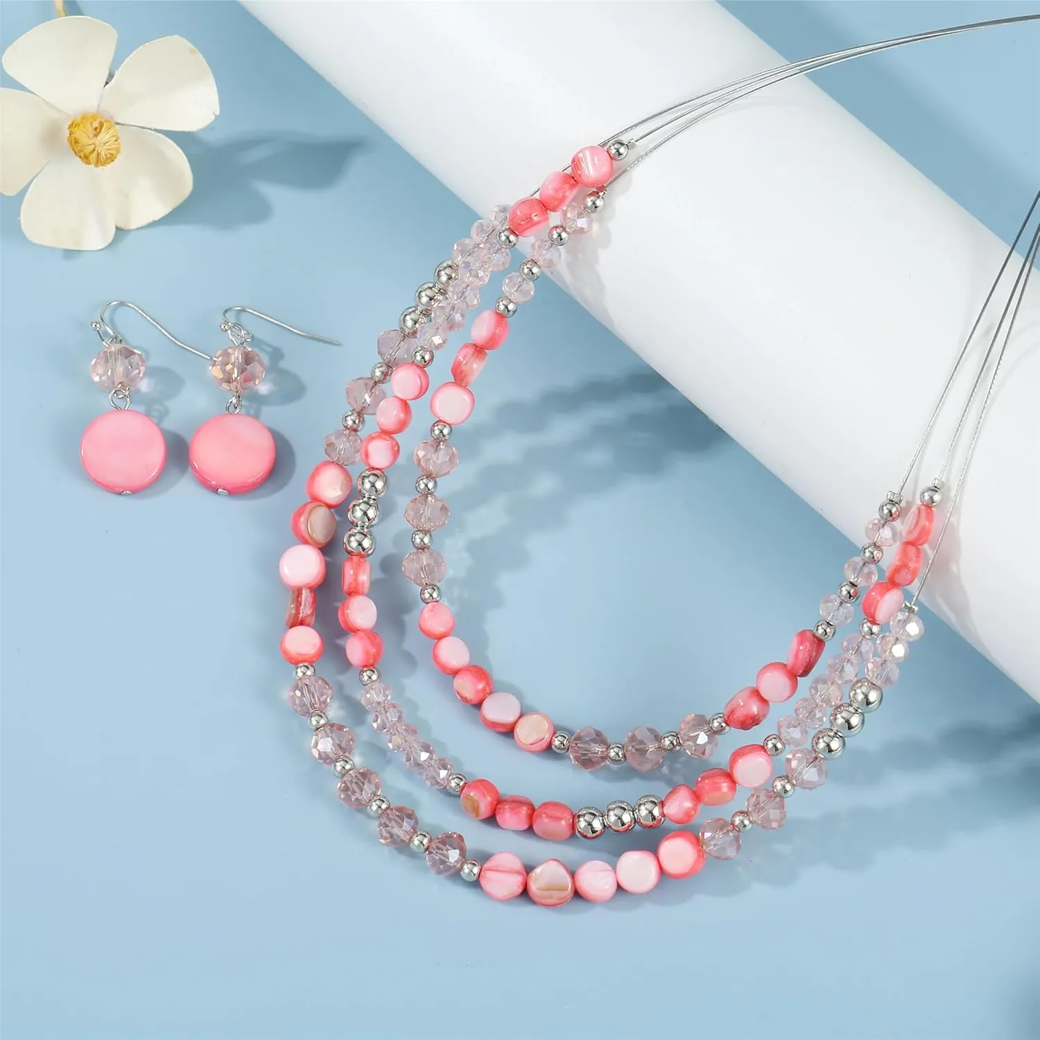 Layered Beaded Statement Necklaces with Earrings Multi Strand Crystal Beads Choker Necklaces for Women Fashion Costume Jewelry Party Gifts