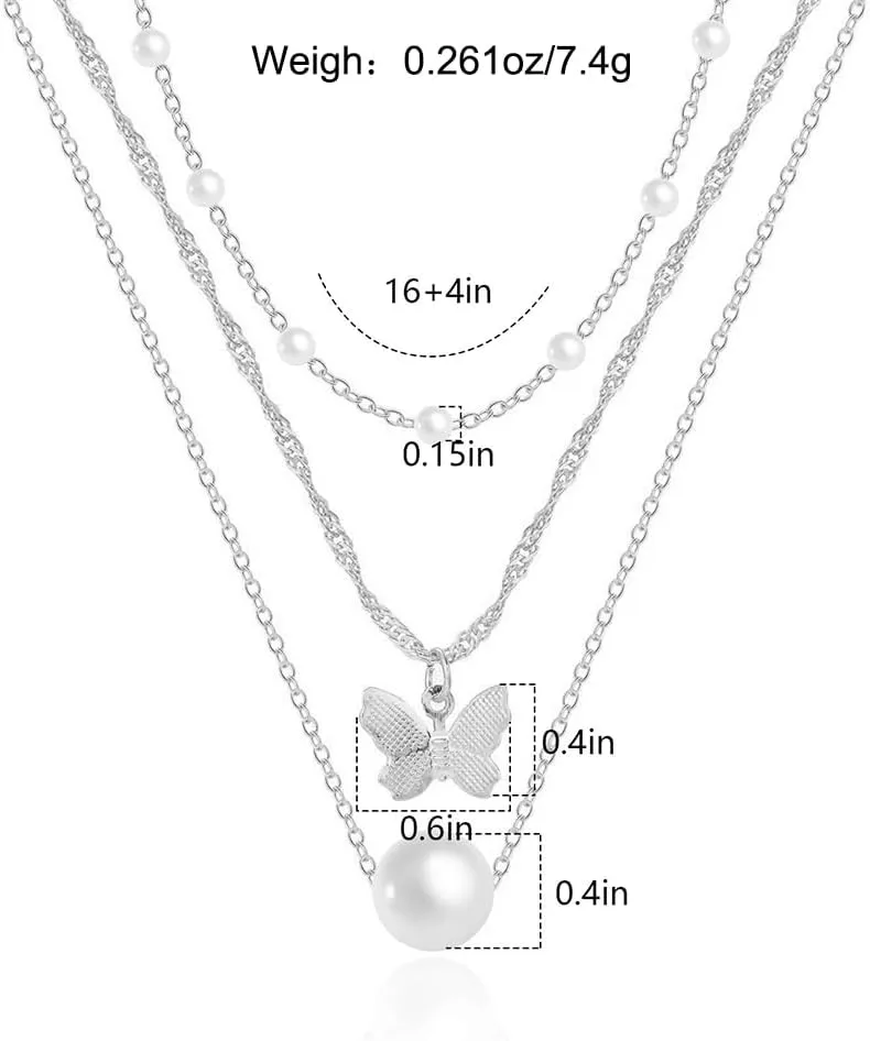 Layered Butterfly Pearl Pendant Necklace Set for Women Trendy 14k Gold Chain Choker Necklaces Stackable Link Bead Necklaces Jewelry Gift