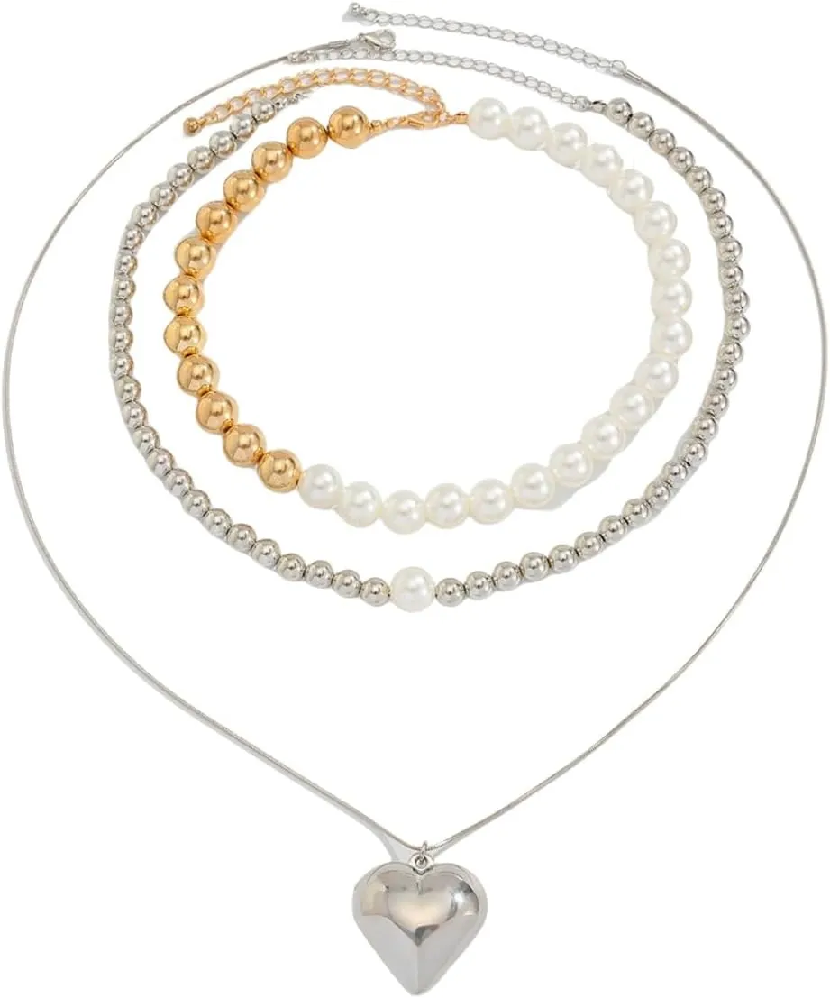 Layered Pearl Necklace Set, 3 Piece Beaded Choker with 925 Heart Pendant, Gold and Silver
