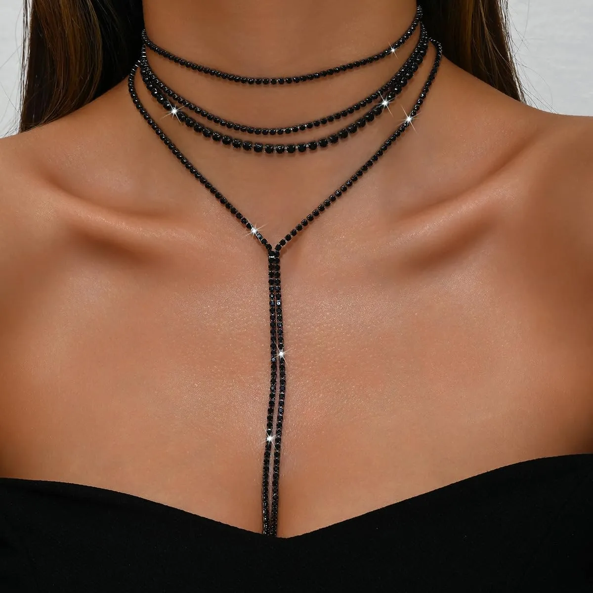 Layered Sexy Choker Necklace Rhinestone Statement Necklace Multilayered Y Long Rhinestones Choker Necklaces Long Layered Necklaces for Women