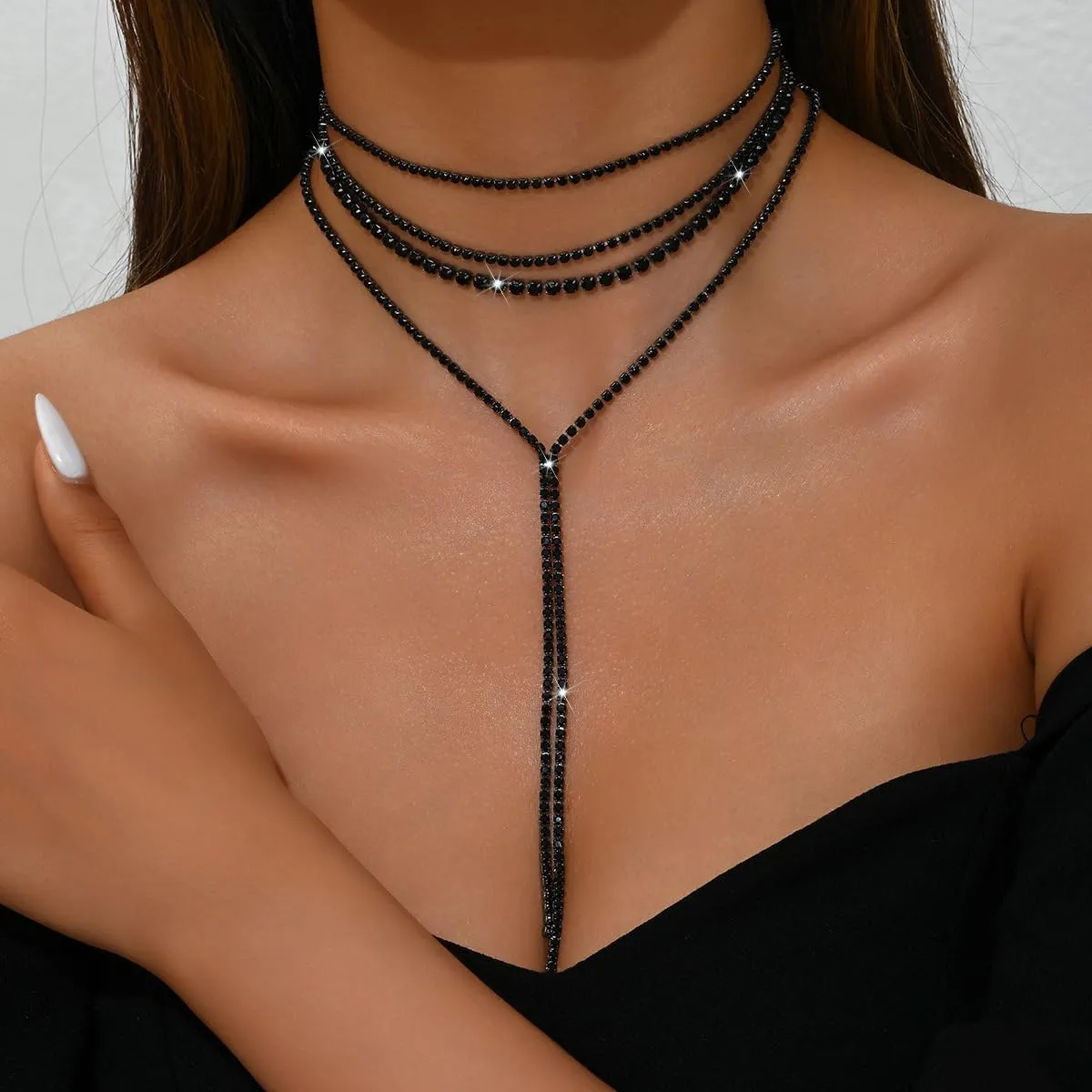 Layered Sexy Choker Necklace Rhinestone Statement Necklace Multilayered Y Long Rhinestones Choker Necklaces Long Layered Necklaces for Women