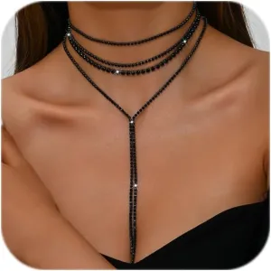 Layered Sexy Choker Necklace Rhinestone Statement Necklace Multilayered Y Long Rhinestones Choker Necklaces Long Layered Necklaces for Women