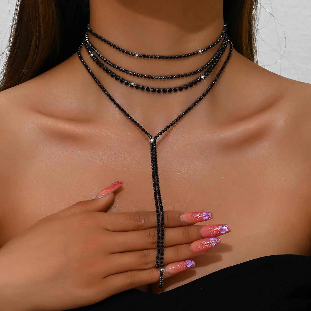 Layered Sexy Choker Necklace Rhinestone Statement Necklace Multilayered Y Long Rhinestones Choker Necklaces Long Layered Necklaces for Women