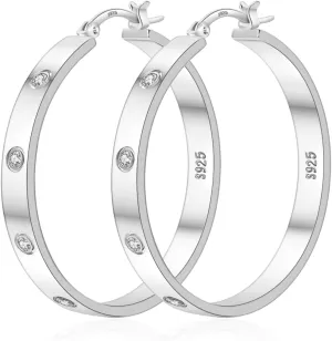 Lightweight Sterling Silver Hoop Earrings for Women 5MM Wide Large Rhinestone Hoop Earrings Sparkly 14K Gold Plated Big Hoops Earring for Sensitive Ears 30/40/50/60mm