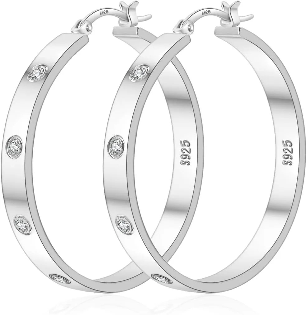 Lightweight Sterling Silver Hoop Earrings for Women 5MM Wide Large Rhinestone Hoop Earrings Sparkly 14K Gold Plated Big Hoops Earring for Sensitive Ears 30/40/50/60mm