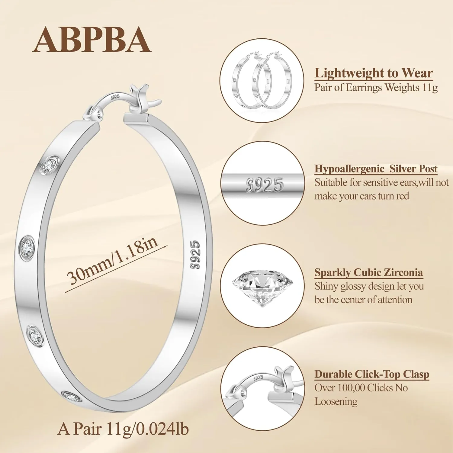 Lightweight Sterling Silver Hoop Earrings for Women 5MM Wide Large Rhinestone Hoop Earrings Sparkly 14K Gold Plated Big Hoops Earring for Sensitive Ears 30/40/50/60mm