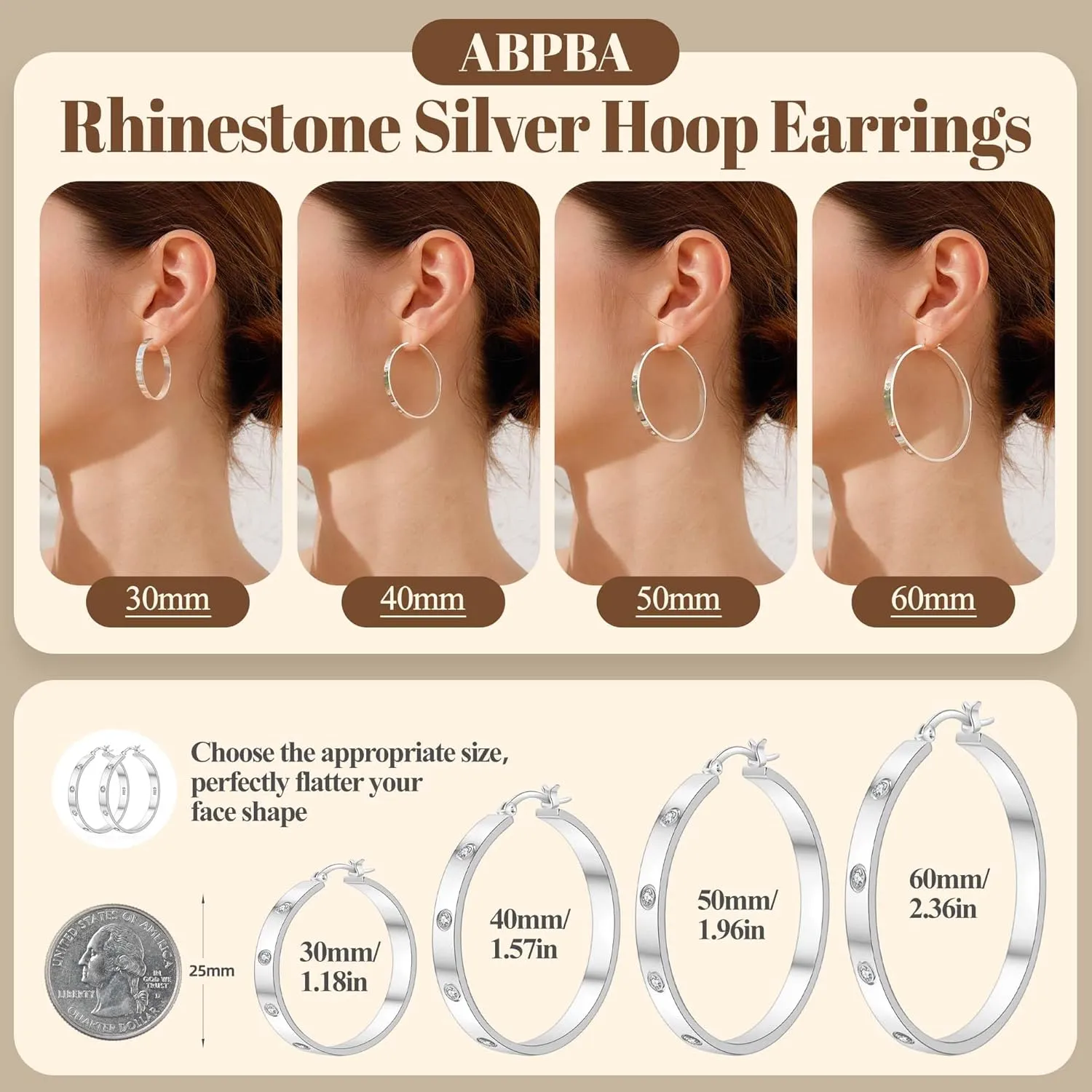 Lightweight Sterling Silver Hoop Earrings for Women 5MM Wide Large Rhinestone Hoop Earrings Sparkly 14K Gold Plated Big Hoops Earring for Sensitive Ears 30/40/50/60mm