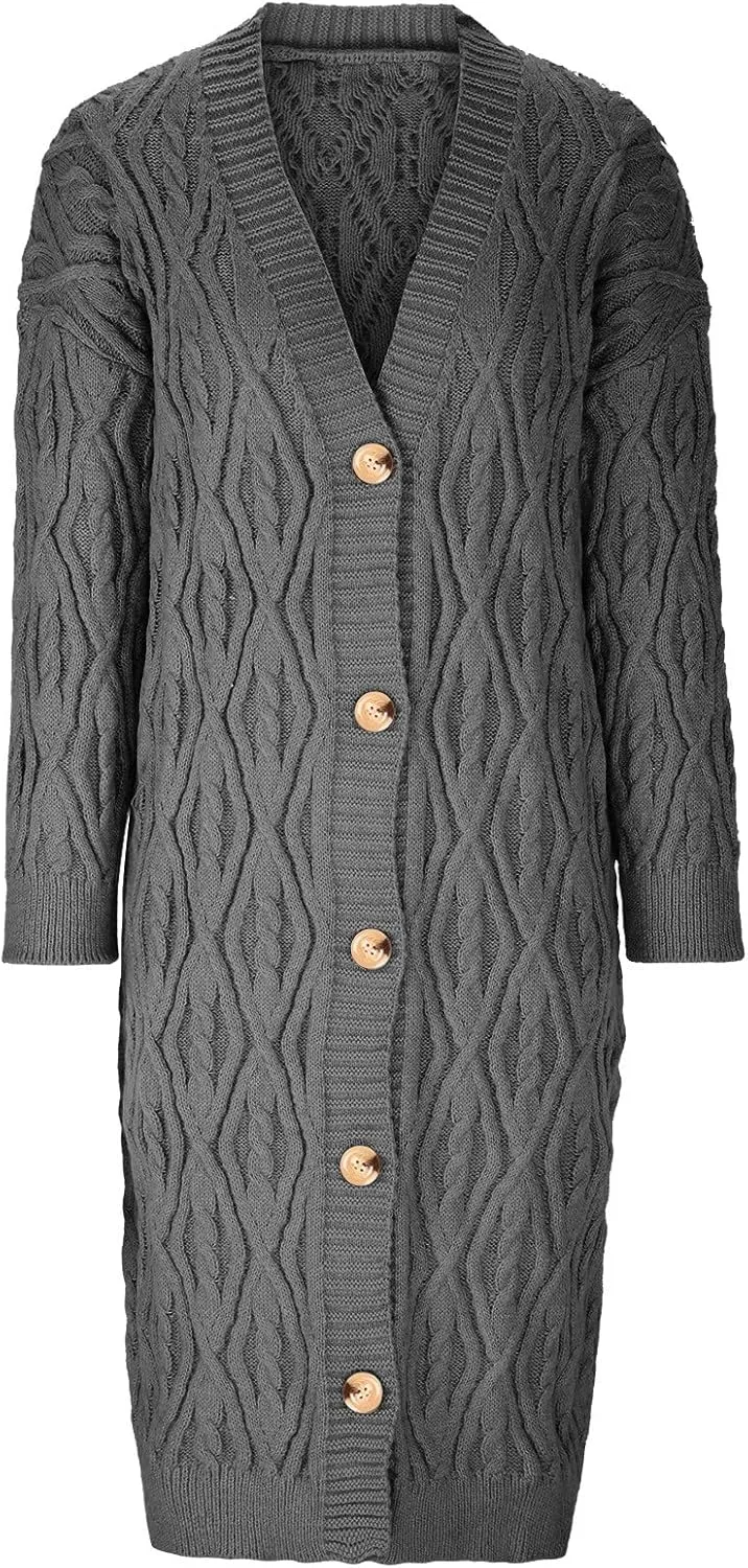 Long Cardigan Women's Long Sleeve Cable Knit Loose Plain Fall Winter Hooded Trench Coat Casual Pocket Knitted Overcoat