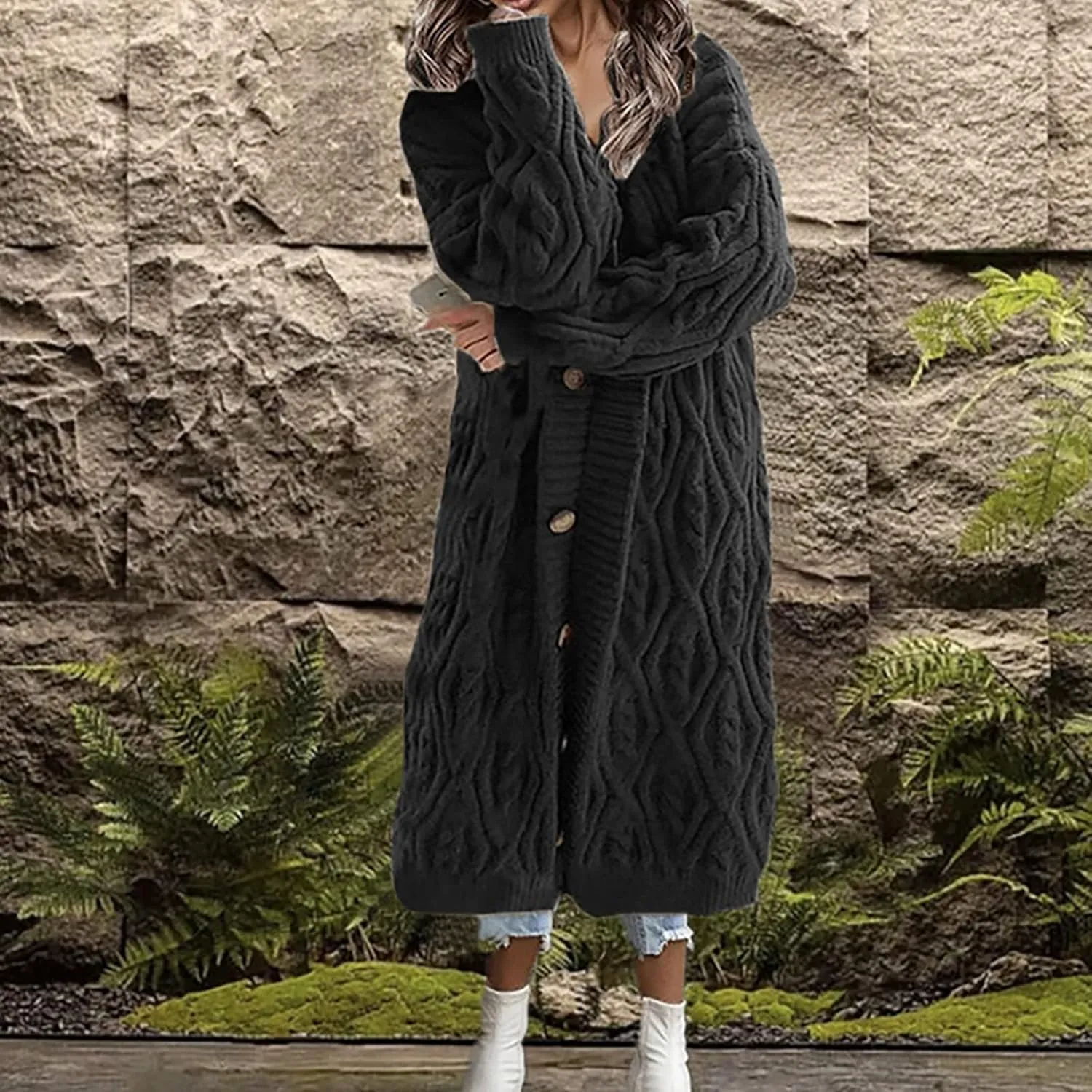 Long Cardigan Women's Long Sleeve Cable Knit Loose Plain Fall Winter Hooded Trench Coat Casual Pocket Knitted Overcoat