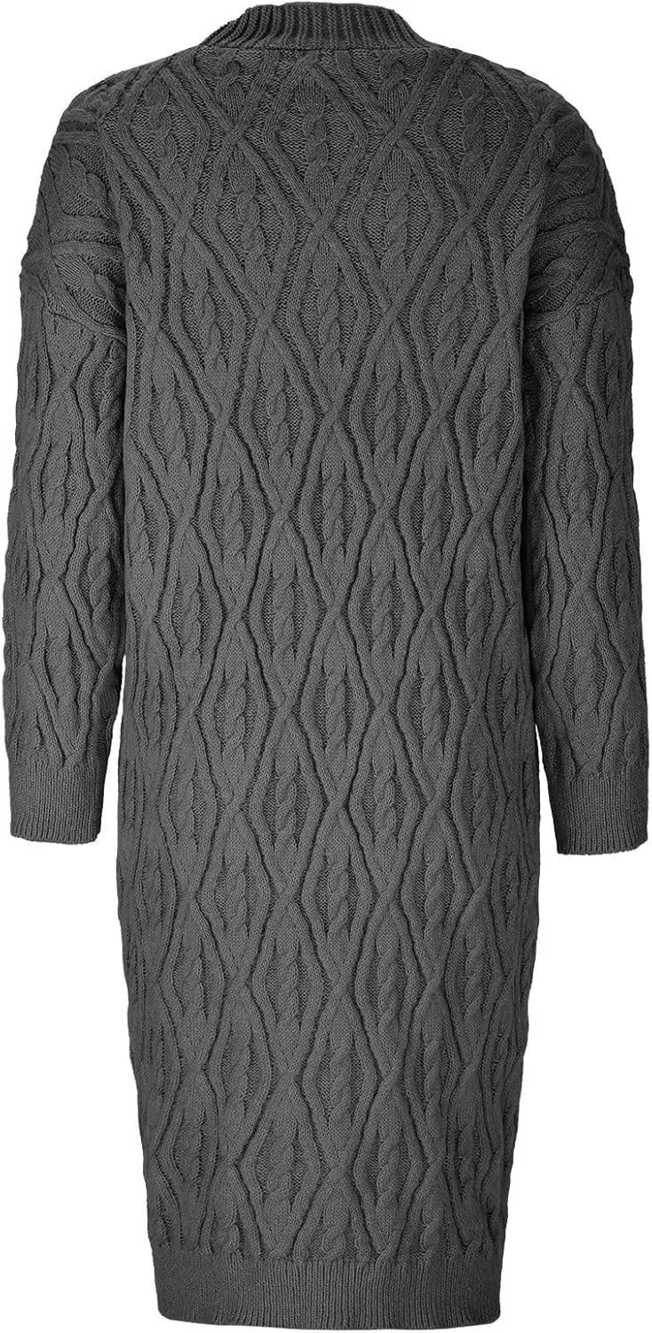 Long Cardigan Women's Long Sleeve Cable Knit Loose Plain Fall Winter Hooded Trench Coat Casual Pocket Knitted Overcoat