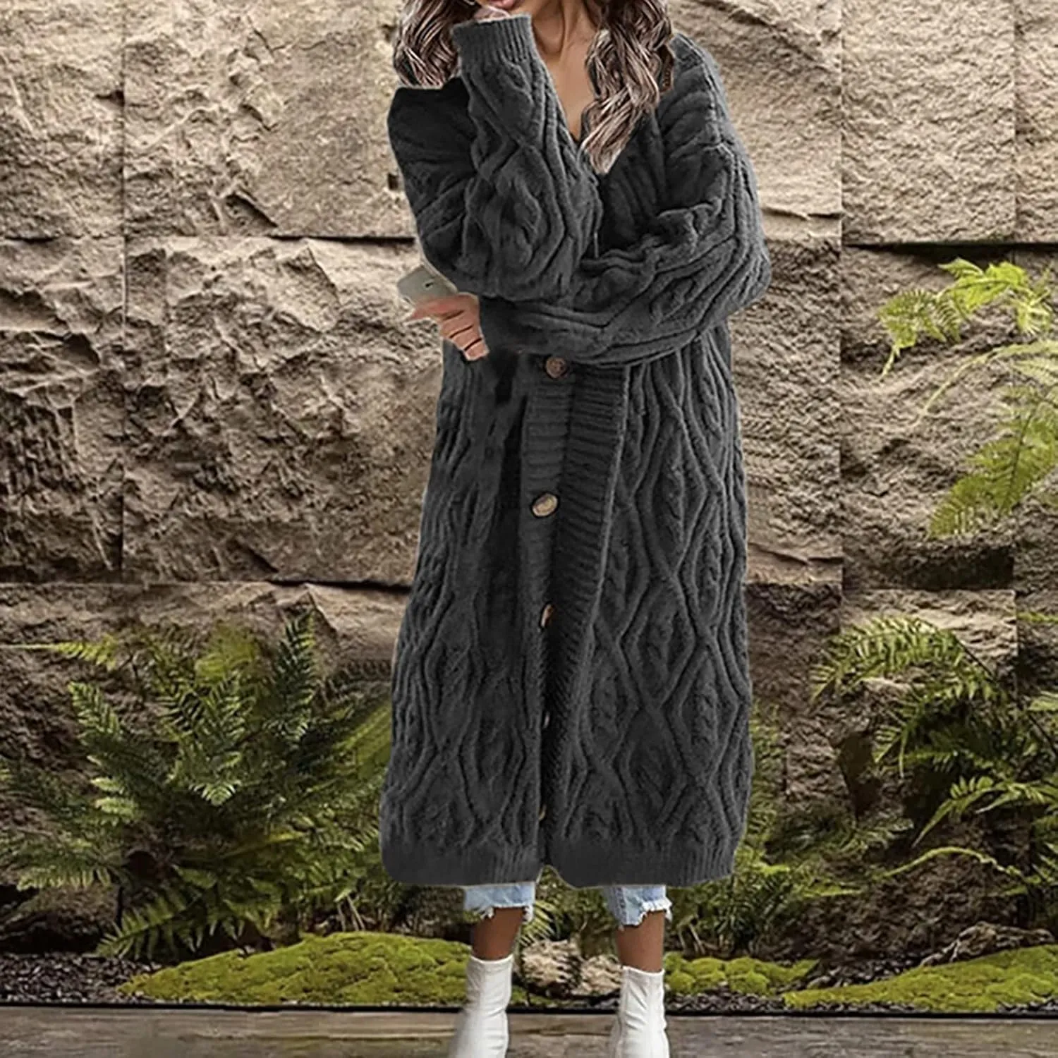 Long Cardigan Women's Long Sleeve Cable Knit Loose Plain Fall Winter Hooded Trench Coat Casual Pocket Knitted Overcoat