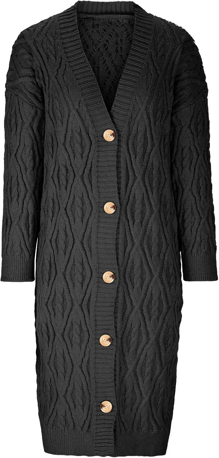 Long Cardigan Women's Long Sleeve Cable Knit Loose Plain Fall Winter Hooded Trench Coat Casual Pocket Knitted Overcoat