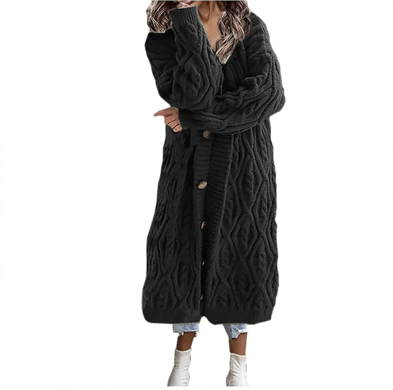Long Cardigan Women's Long Sleeve Cable Knit Loose Plain Fall Winter Hooded Trench Coat Casual Pocket Knitted Overcoat