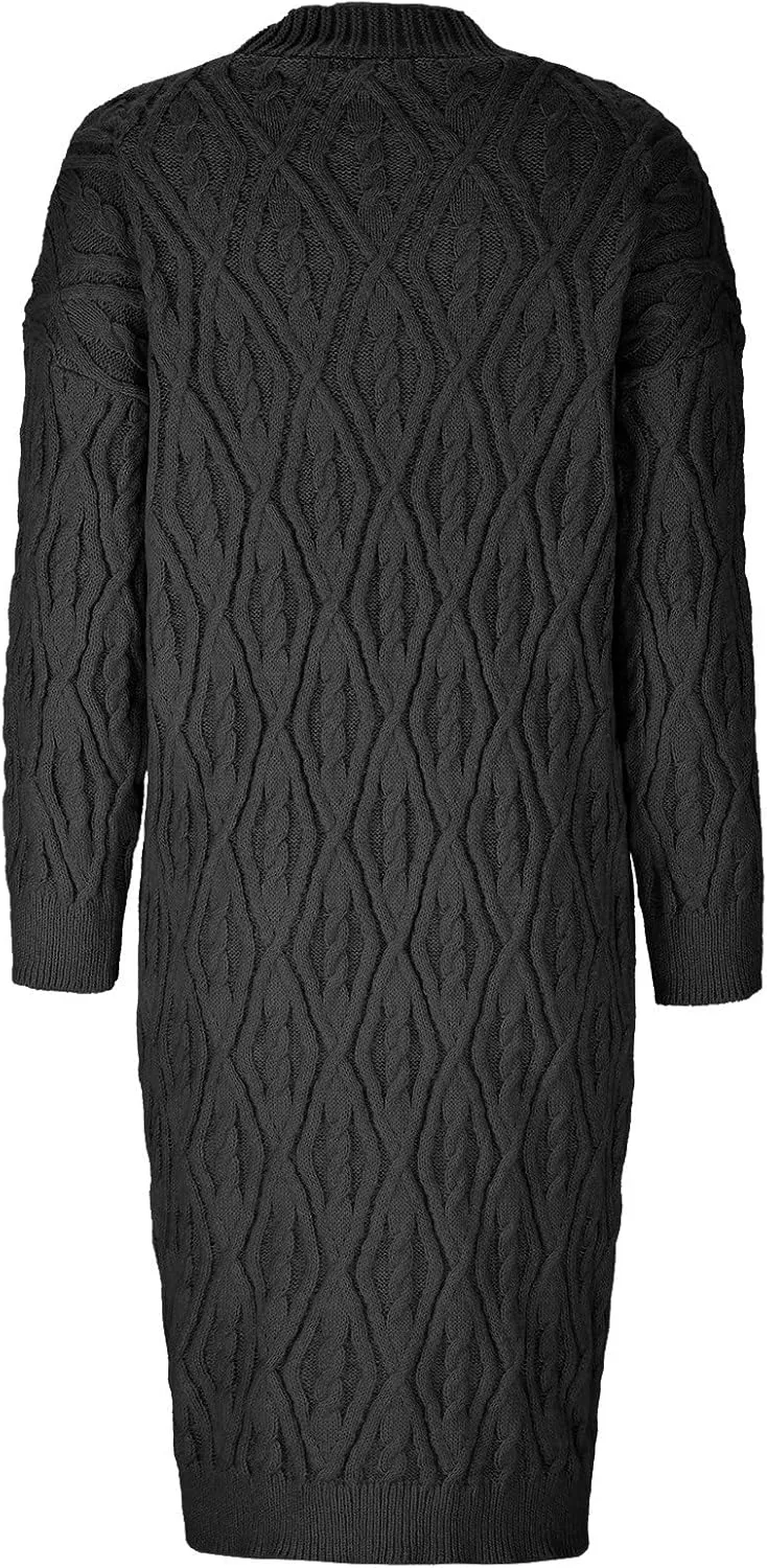 Long Cardigan Women's Long Sleeve Cable Knit Loose Plain Fall Winter Hooded Trench Coat Casual Pocket Knitted Overcoat