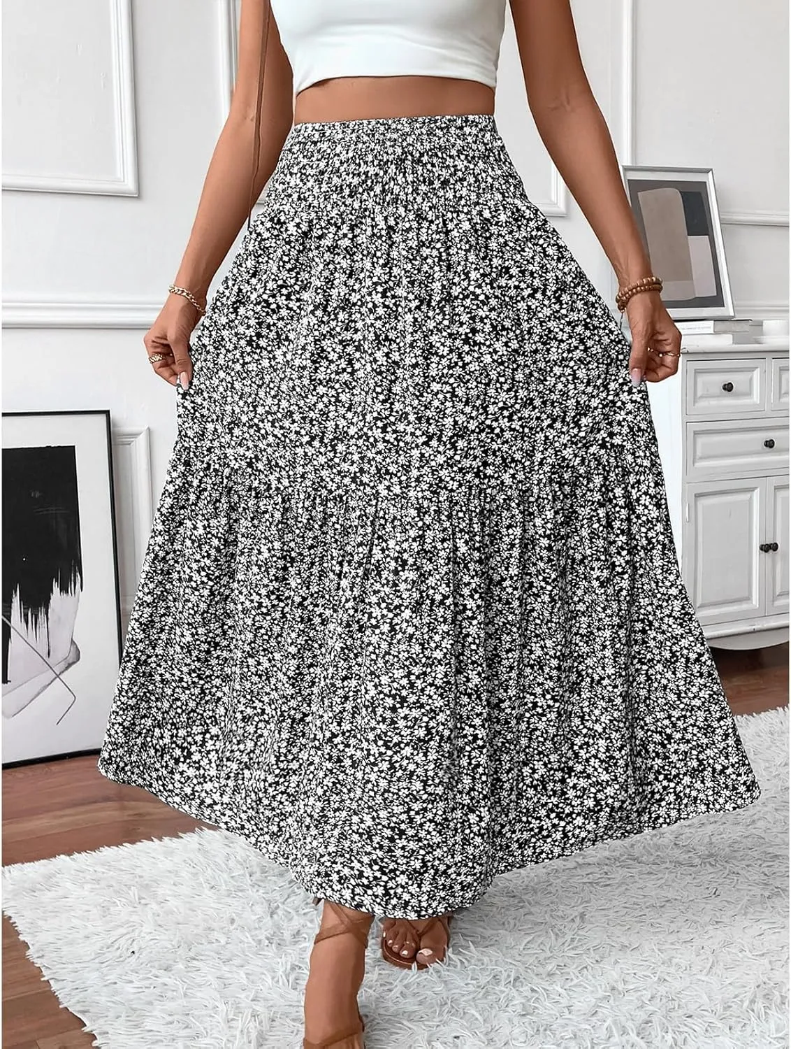 Long Flowy Skirts for Women Boho Chiffon Elastic High Waist Pleated A-Line Flared Maxi Skirt Summer Beach Skirts
