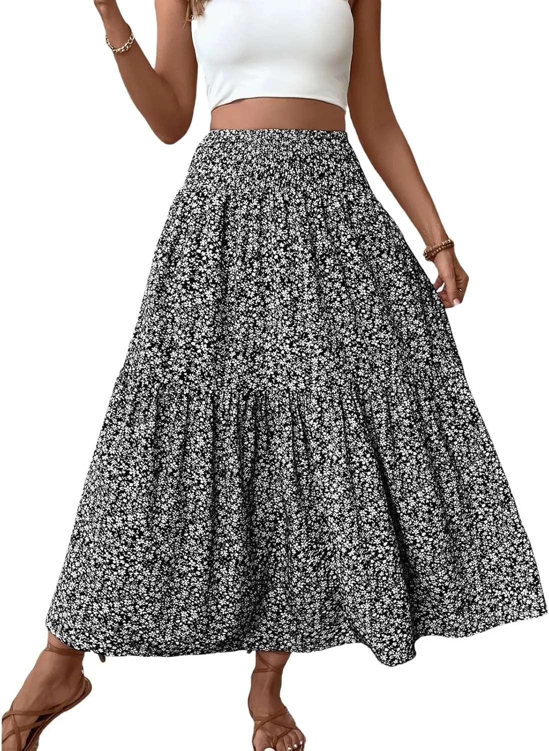 Long Flowy Skirts for Women Boho Chiffon Elastic High Waist Pleated A-Line Flared Maxi Skirt Summer Beach Skirts