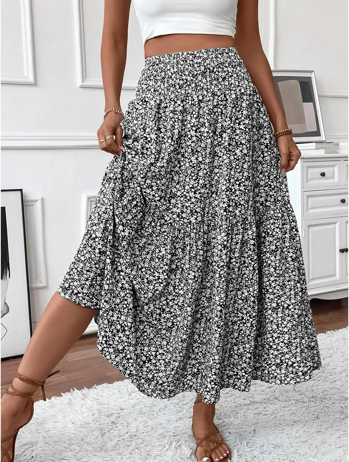 Long Flowy Skirts for Women Boho Chiffon Elastic High Waist Pleated A-Line Flared Maxi Skirt Summer Beach Skirts