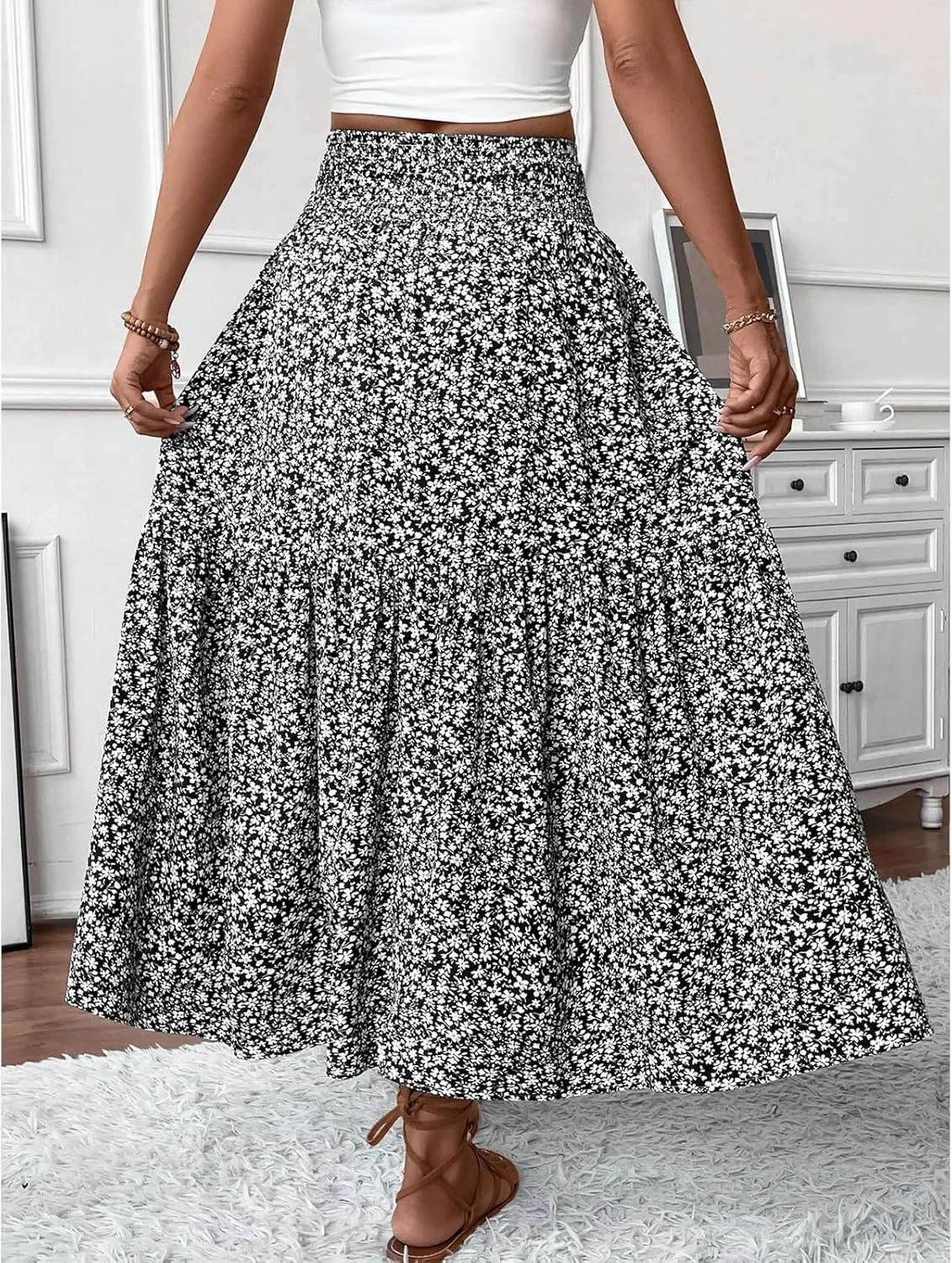 Long Flowy Skirts for Women Boho Chiffon Elastic High Waist Pleated A-Line Flared Maxi Skirt Summer Beach Skirts