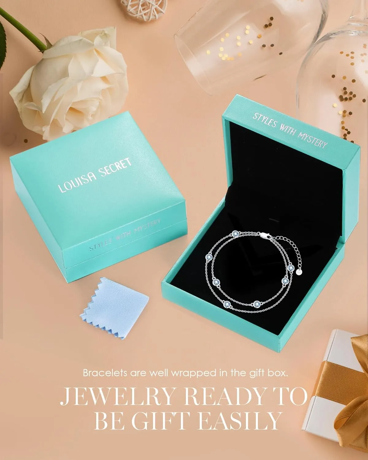 LOUISA SECRET Birthstone Bracelets for Women, 925 Sterling Silver Charm Link Double Strand Bracelet, Birthday Anniversary Christmas Jewelry Gifts for Wife Girlfriend Mother her