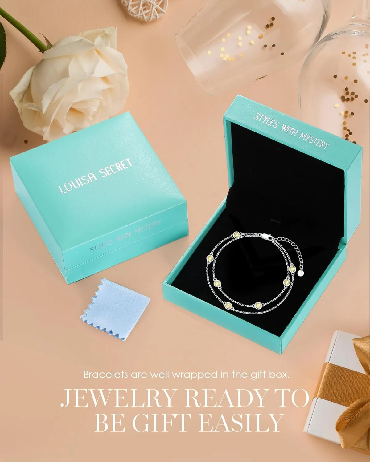 LOUISA SECRET Birthstone Bracelets for Women, 925 Sterling Silver Charm Link Double Strand Bracelet, Birthday Anniversary Christmas Jewelry Gifts for Wife Girlfriend Mother her