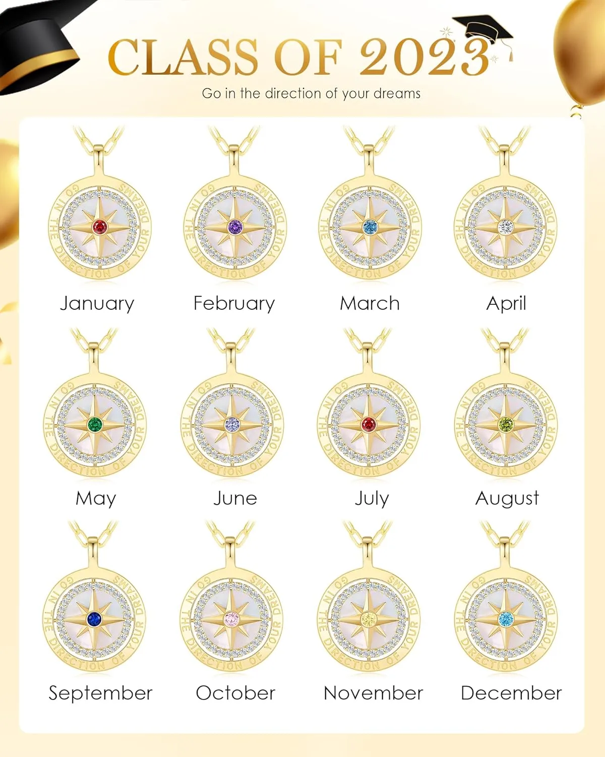 LOUISA SECRET Graduation Gifts for Her 2025, S925 Sterling Silver Compass Birthstone Necklace for Her, Anniversary Birthday Jewelry Gifts for Women Her