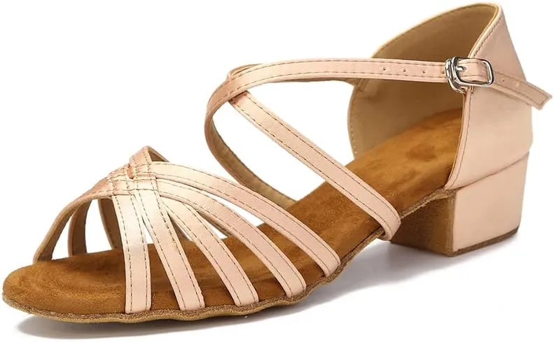 Low Heel Practice Womens Ballroom Dance Shoes for Social Beginner Salsa Latin Dancing Wedding Party 1 1/2 inch heel S05(Beige-1.5" heel,9)