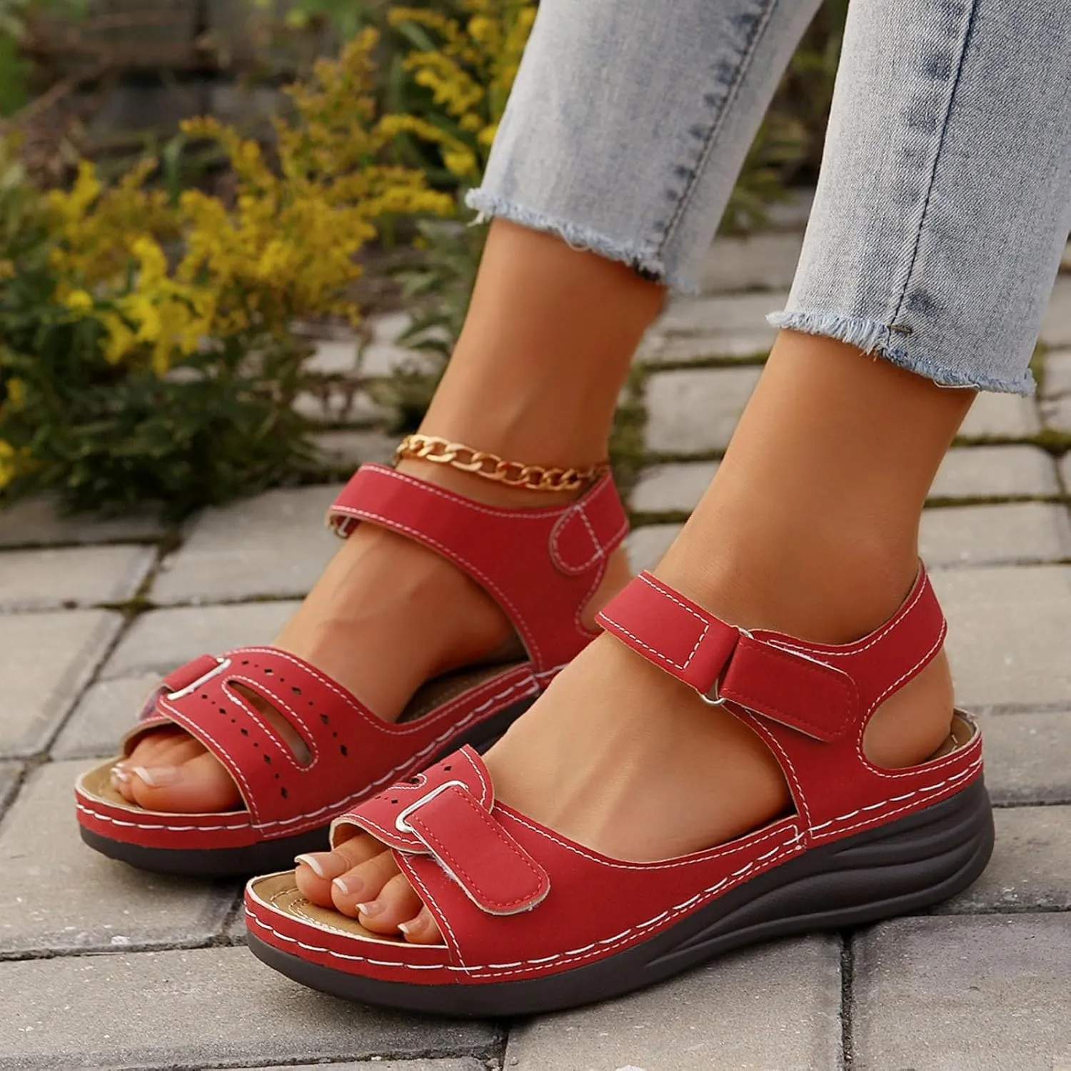 Low Heel Sandals for Women Dressy Arch Support Slippers Open Toe Wedge Ankle Strap Sandals Adjustable Strap Sandals