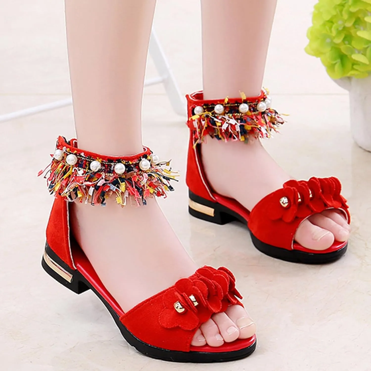 Low Heels Open Toe Princess Sandal Bohemian Sandals For Girls Children Shoes Thick High Heeled Sandals Fashionable Small High Heeled Flower Pearl