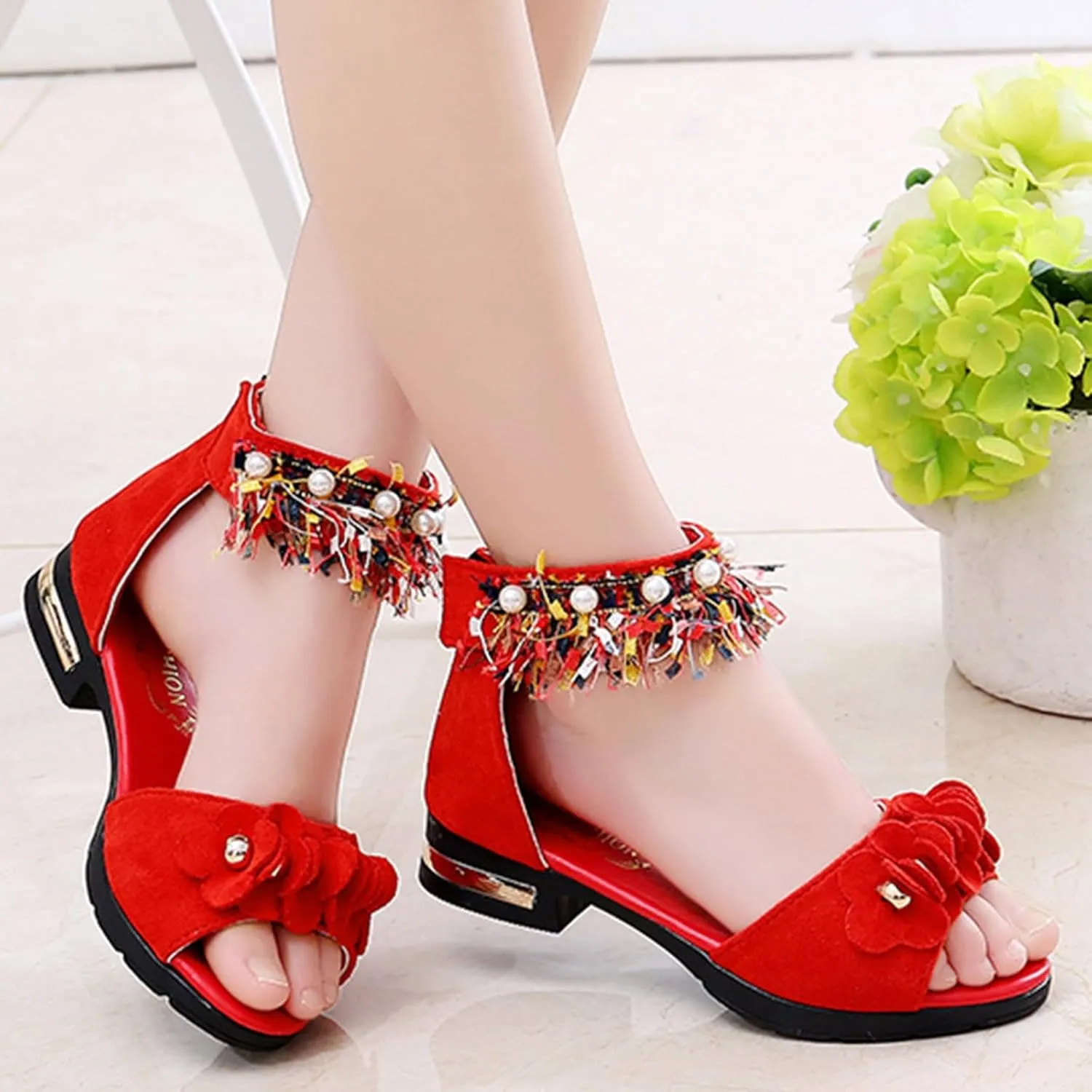 Low Heels Open Toe Princess Sandal Bohemian Sandals For Girls Children Shoes Thick High Heeled Sandals Fashionable Small High Heeled Flower Pearl