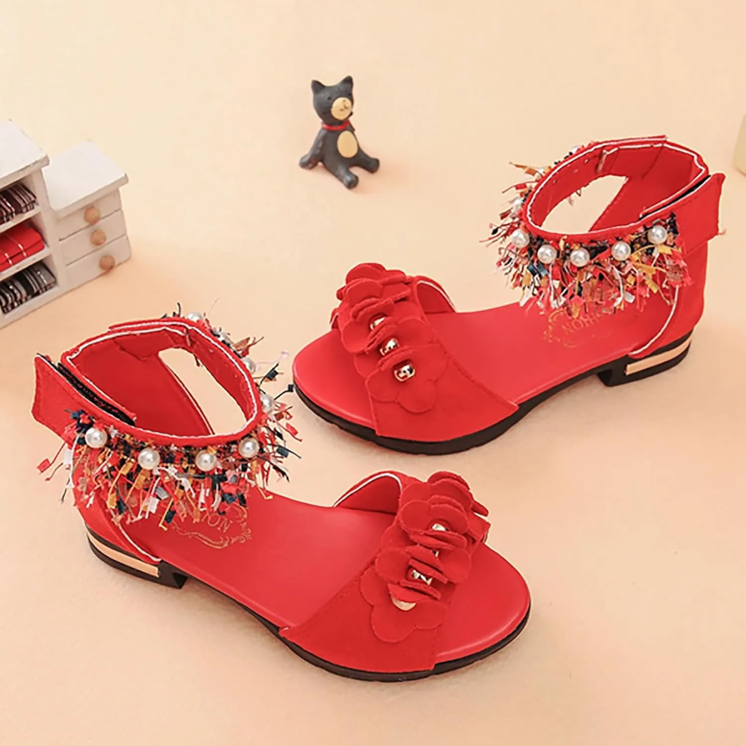 Low Heels Open Toe Princess Sandal Bohemian Sandals For Girls Children Shoes Thick High Heeled Sandals Fashionable Small High Heeled Flower Pearl