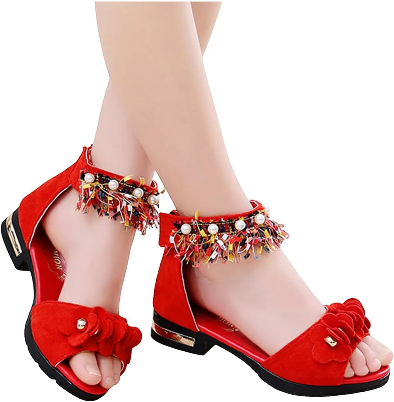 Low Heels Open Toe Princess Sandal Bohemian Sandals For Girls Children Shoes Thick High Heeled Sandals Fashionable Small High Heeled Flower Pearl