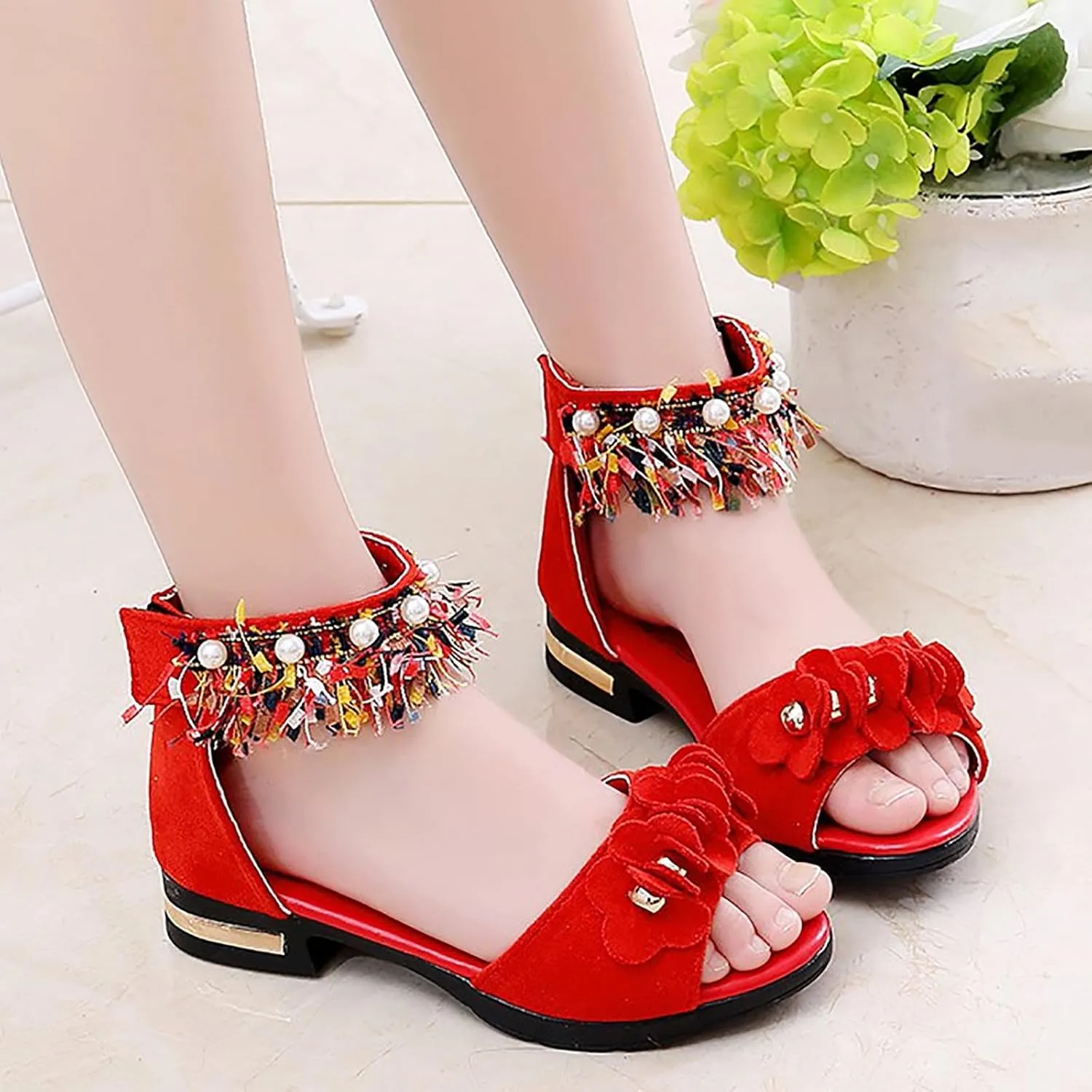 Low Heels Open Toe Princess Sandal Bohemian Sandals For Girls Children Shoes Thick High Heeled Sandals Fashionable Small High Heeled Flower Pearl