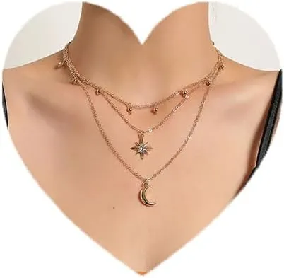 LUXCASTLE Star Moon Choker Danity Moon Layered Necklace Simple Moon Choker Necklace Dainty Star Moon Choker Simple Beaded Choker Necklace Layered Chokers Jewelry for Women