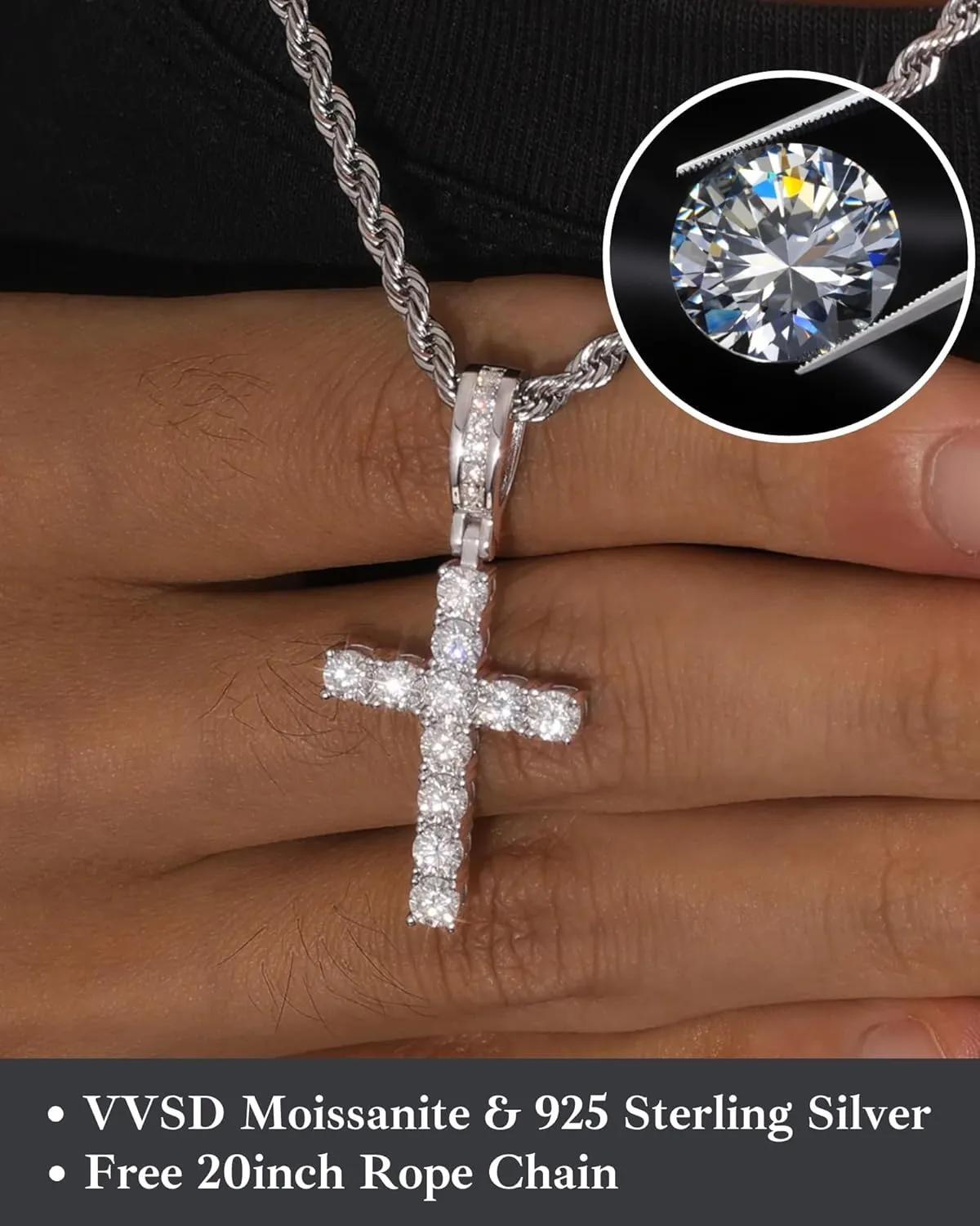 LuxeFlex 925 Silver Moissanite Cross Pendant, VVS D Clarity Moissanite Rhodium Plated White Gold Classic Cross Pendant, Hip Hop Fashion Sparkling Traditional Necklace Gift