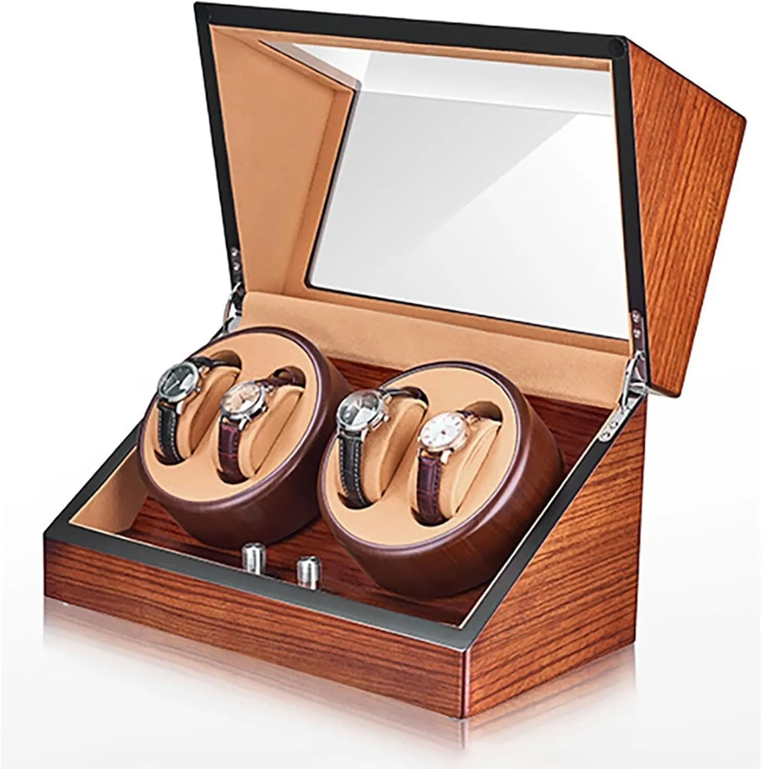 Luxury 4 Watch Winder Box for Automatic Watches with Quiet Motor, Handmade Wooden Frame Genuine Leather
