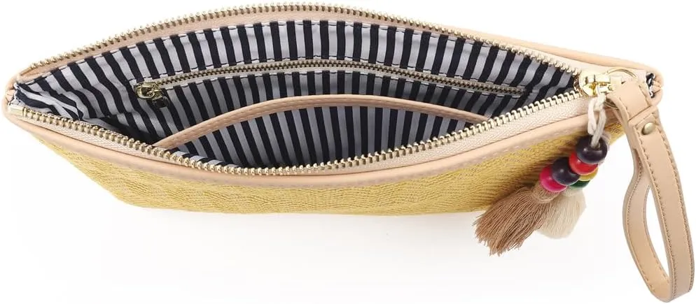 Luxury Straw Wristlet Pouch Beach Clutch Bag Small Summer Vacation Purse w. Colorful Pom Poms Tassels for Women