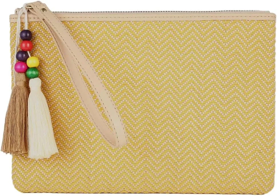 Luxury Straw Wristlet Pouch Beach Clutch Bag Small Summer Vacation Purse w. Colorful Pom Poms Tassels for Women