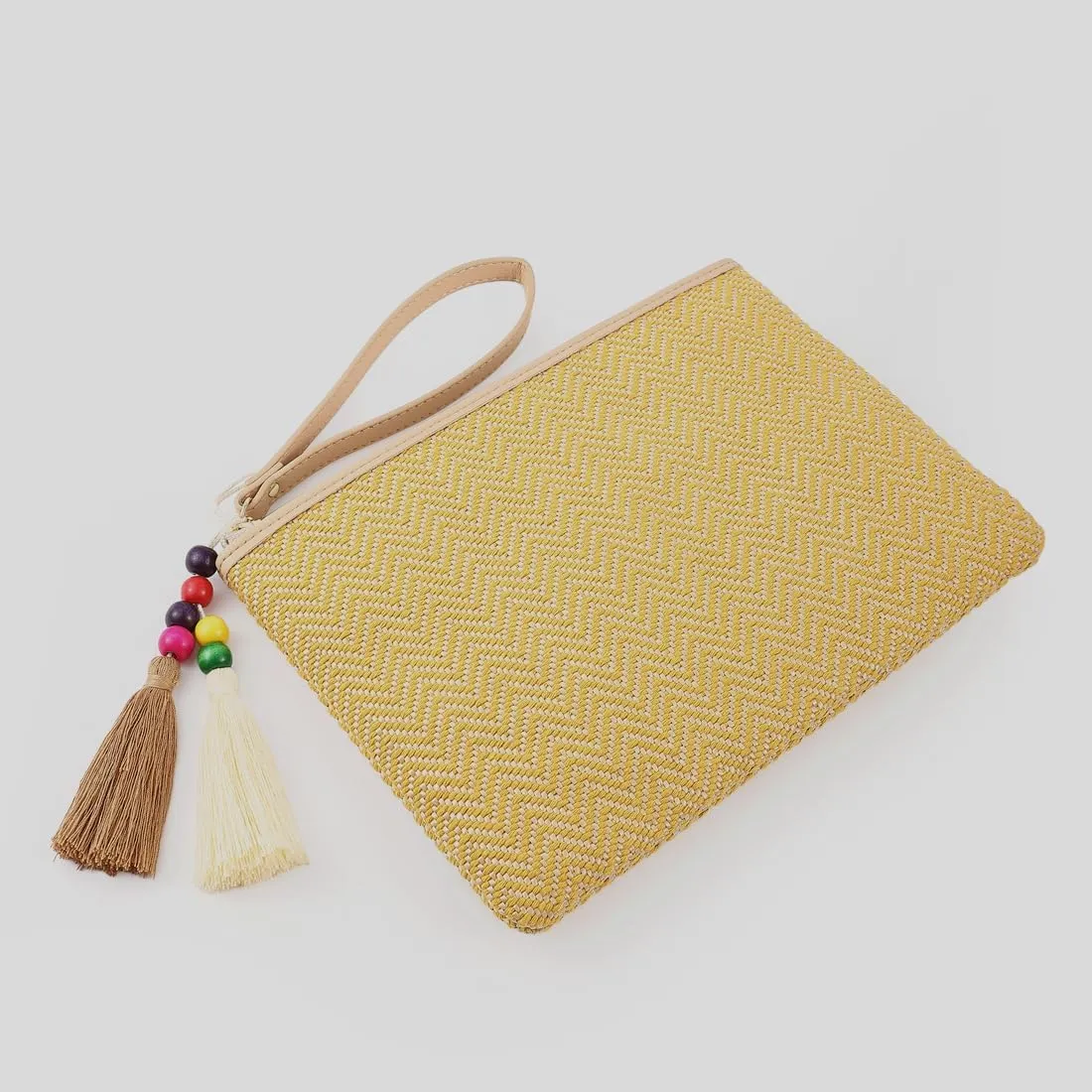 Luxury Straw Wristlet Pouch Beach Clutch Bag Small Summer Vacation Purse w. Colorful Pom Poms Tassels for Women