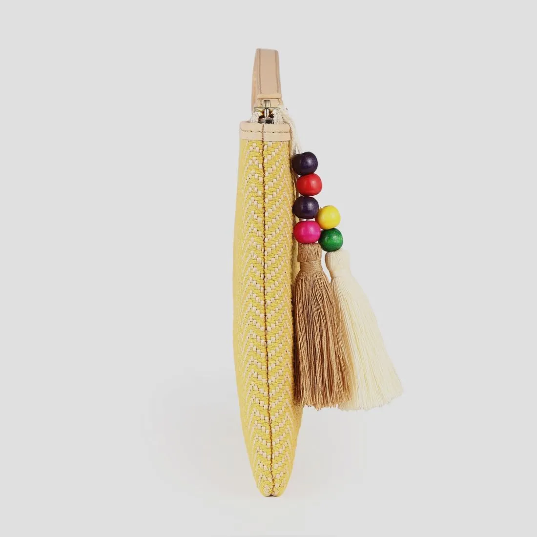 Luxury Straw Wristlet Pouch Beach Clutch Bag Small Summer Vacation Purse w. Colorful Pom Poms Tassels for Women