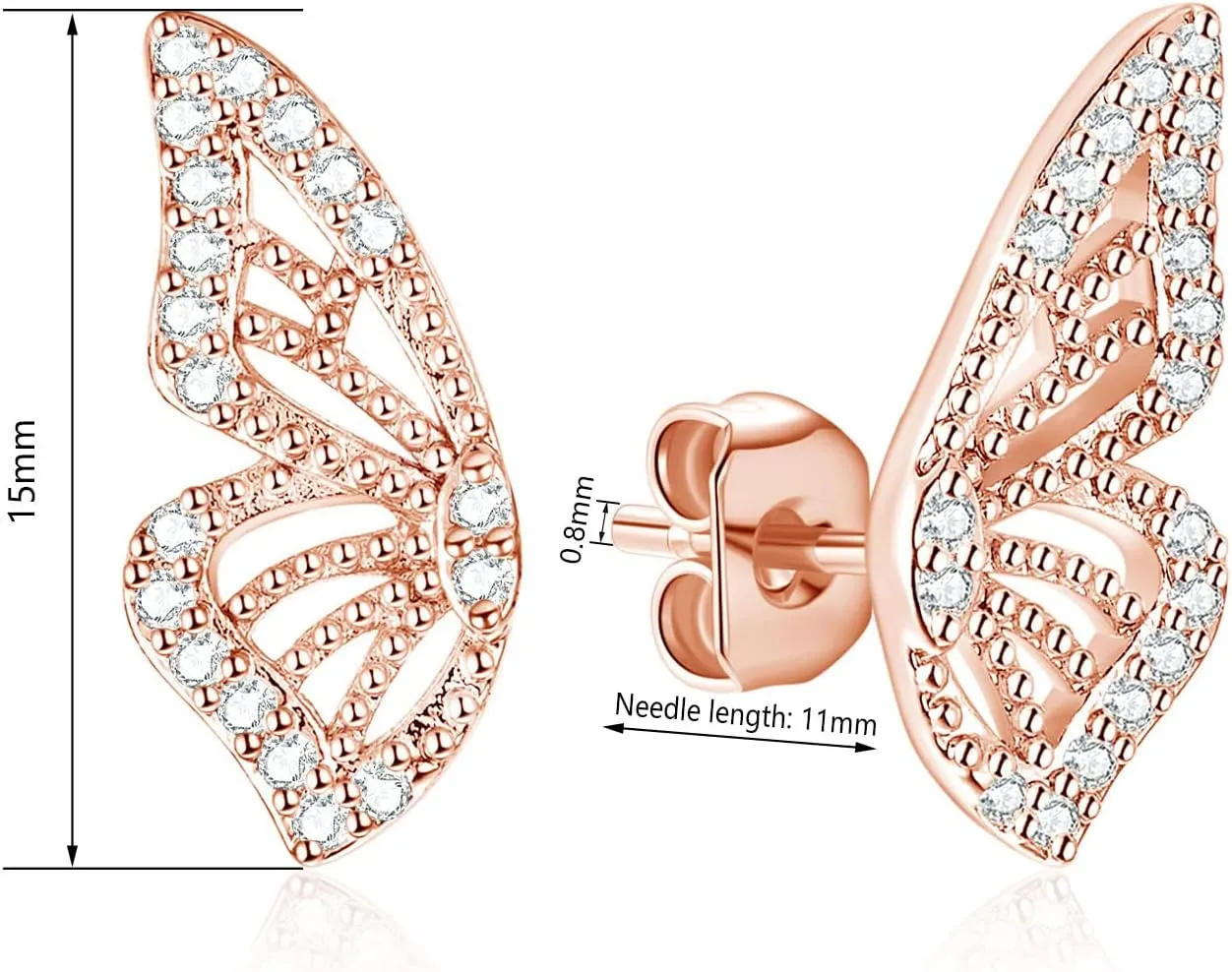 Luxval Butterfly Wing Earrings18K Gold Plated CZ Simulated Diamond Silver Stud Earrings, Tiny Butterfly Cartilage Earrings for women,Gold Stud Earrings for Girls